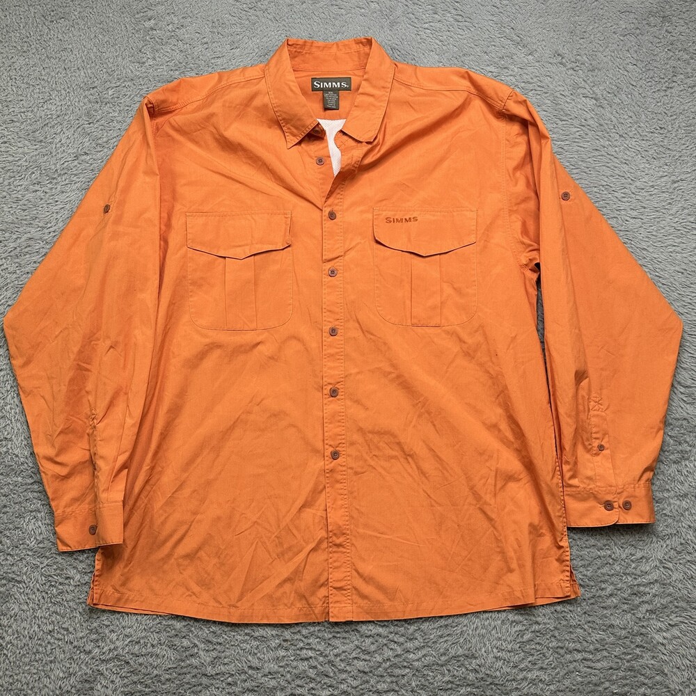 Simms Shirt Mens 2XL Orange Long Sleeve Button Fishing Outdoors Lightweight